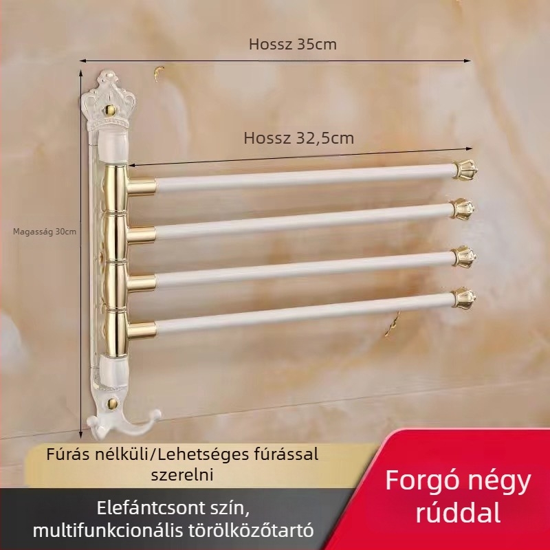 Antik stílusú törölközőtartó fúrás nélküli rögzítéssel, európai fürdőszobai kiegészítő, fogkefés pohártartó, forgó, összecsukható törölközőrúd; alumíniumötvözet; teherbírás 20 kg; többszintű kialítás; modern minimalista stílus.
