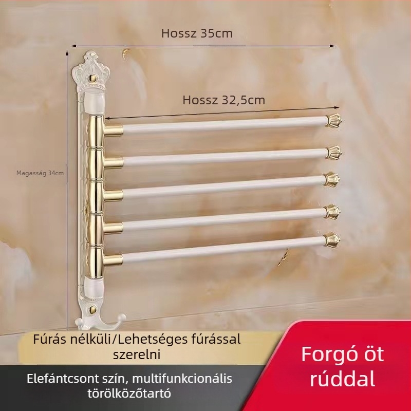 Antik stílusú törölközőtartó fúrás nélküli rögzítéssel, európai fürdőszobai kiegészítő, fogkefés pohártartó, forgó, összecsukható törölközőrúd; alumíniumötvözet; teherbírás 20 kg; többszintű kialítás; modern minimalista stílus.