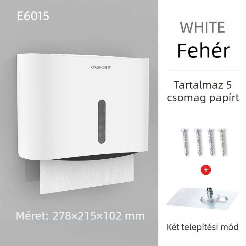 Fali szerelhető papírtörlődoboz — ABS, vízálló, lyukasztás nélküli, modell 6015