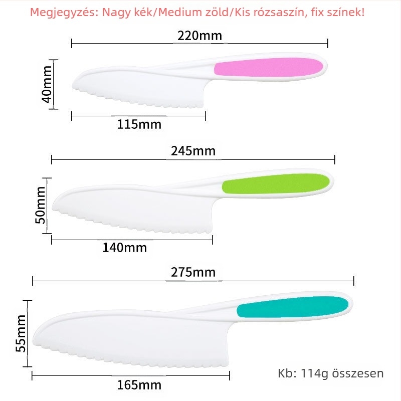 Gyerekeknek készült műanyag gyümölcs- és zöldségvágó készlet hullám mintázatú pengével, hámozóval és süti formálóval — PP+TPR, penge hossza 16.5 cm, teljes hossz 27.5 cm, injekciós öntés