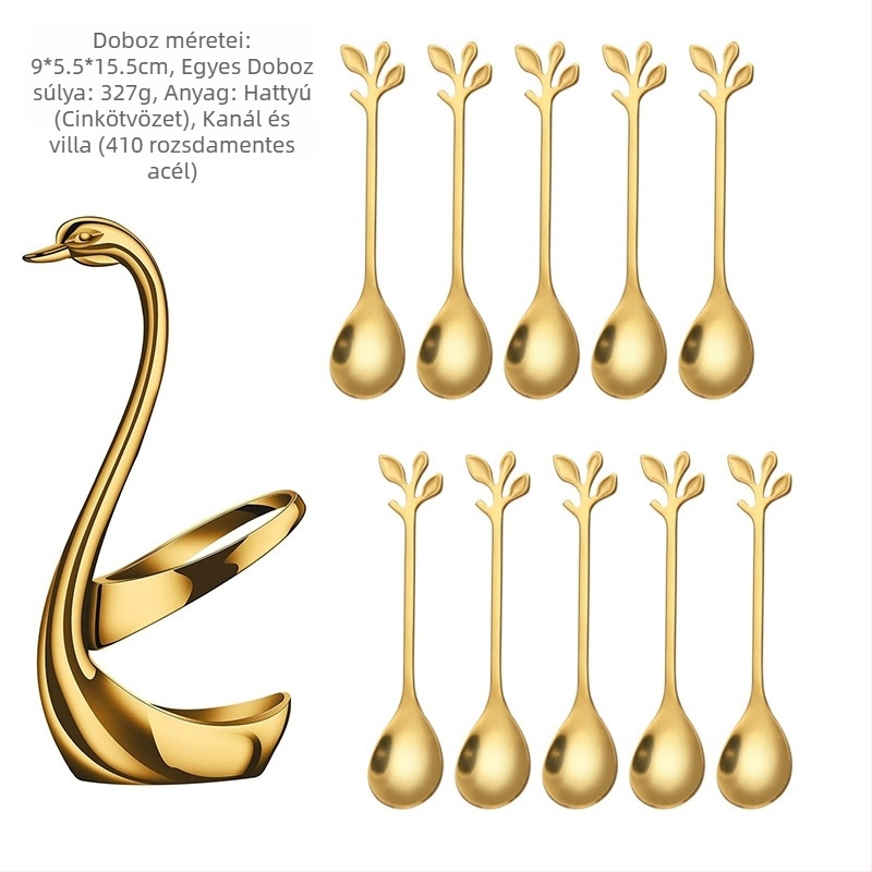 Rozsdamentes acél desszertkanál és gyümölcs villa készlet, könnyű luxus stílus, egyszínű mintázat, tükörfényes felület