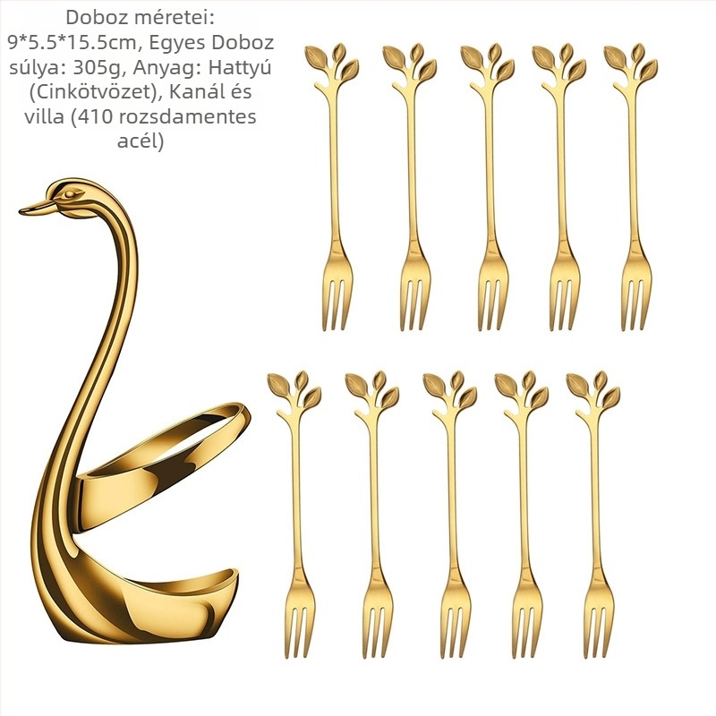 Rozsdamentes acél desszertkanál és gyümölcs villa készlet, könnyű luxus stílus, egyszínű mintázat, tükörfényes felület