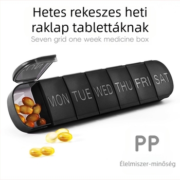 Hordozható műanyag tablettatartó, 7 rekeszes, lezárt fedél, osztókkal
