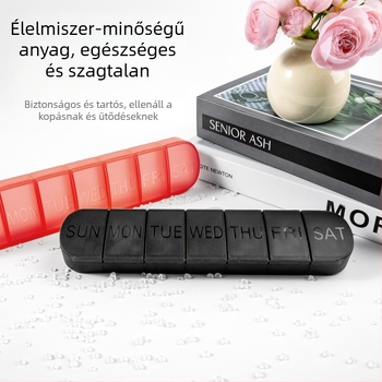 Hordozható műanyag tablettatartó, 7 rekeszes, lezárt fedél, osztókkal