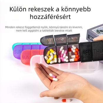 Hordozható műanyag tablettatartó, 7 rekeszes, lezárt fedél, osztókkal