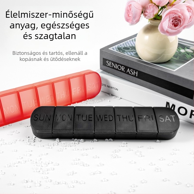 Hordozható műanyag tablettatartó, 7 rekeszes, lezárt fedél, osztókkal