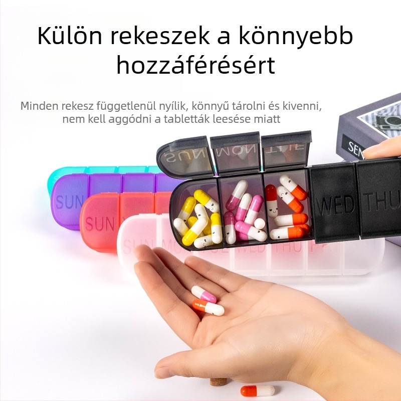 Hordozható műanyag tablettatartó, 7 rekeszes, lezárt fedél, osztókkal
