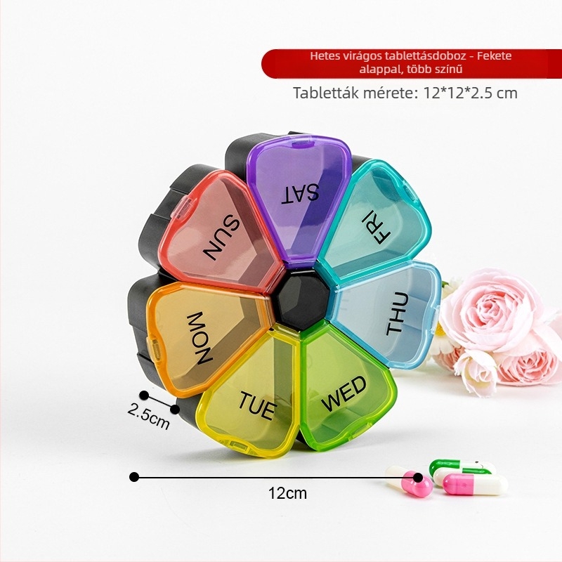 Hordozható műanyag tablettatartó, 7 rekeszes, lezárt fedél, osztókkal