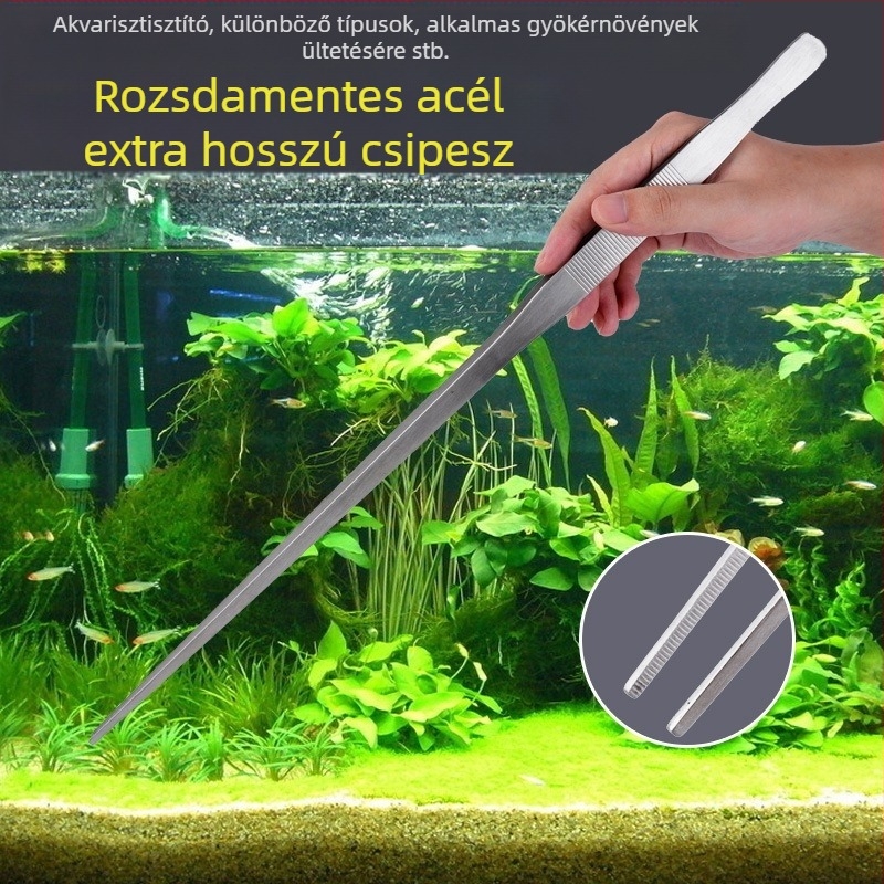 Rozsdamentes acél akváriumi kerti eszközök: csipesz, hosszított etetőklipsz és növényolló