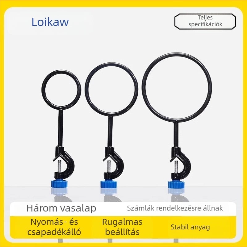 Laboratóriumi acélból készült állvány gyűrűs tartóval, alkalmas szeparátorokhoz és melegítő rúd támogatásához