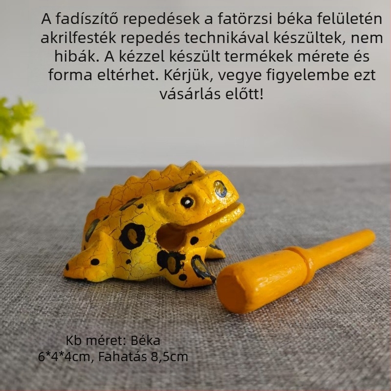 Fából készült béka dekoratív figura, kézzel faragott, tömör fa, gravírozás, hangot adó játék
