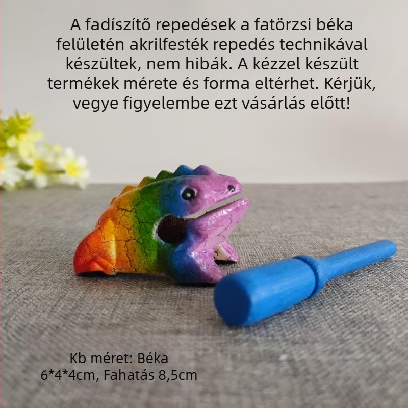 Fából készült béka dekoratív figura, kézzel faragott, tömör fa, gravírozás, hangot adó játék