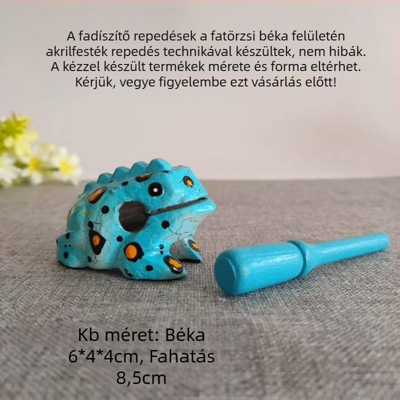 Fából készült béka dekoratív figura, kézzel faragott, tömör fa, gravírozás, hangot adó játék