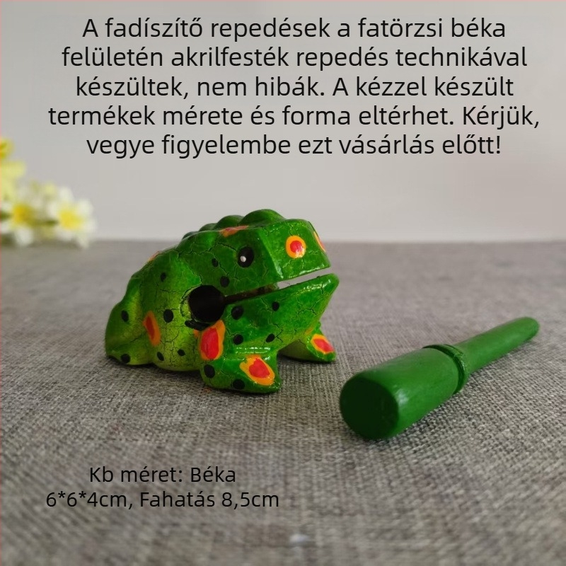 Fából készült béka dekoratív figura, kézzel faragott, tömör fa, gravírozás, hangot adó játék