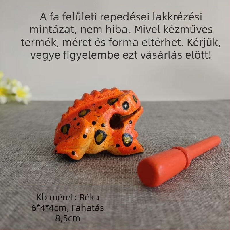 Fából készült béka dekoratív figura, kézzel faragott, tömör fa, gravírozás, hangot adó játék