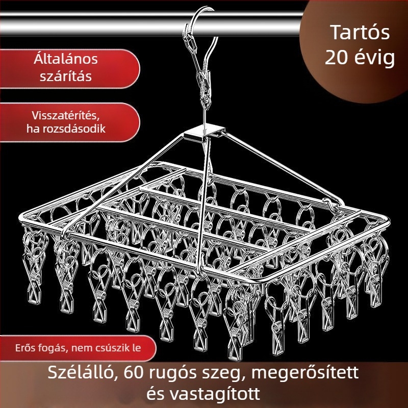 Rozsdamentes acél ruhaszárító akasztó, 3 klipekkel, több sor horoggal, modern letisztult dizájn, 5 kg teherbírás