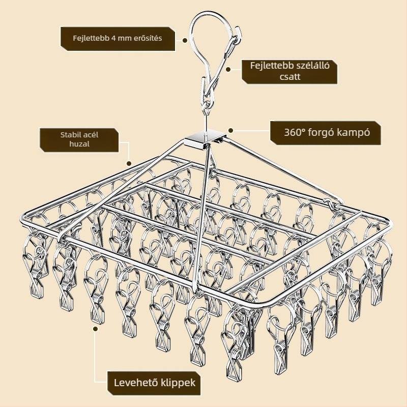 Rozsdamentes acél ruhaszárító akasztó, 3 klipekkel, több sor horoggal, modern letisztult dizájn, 5 kg teherbírás