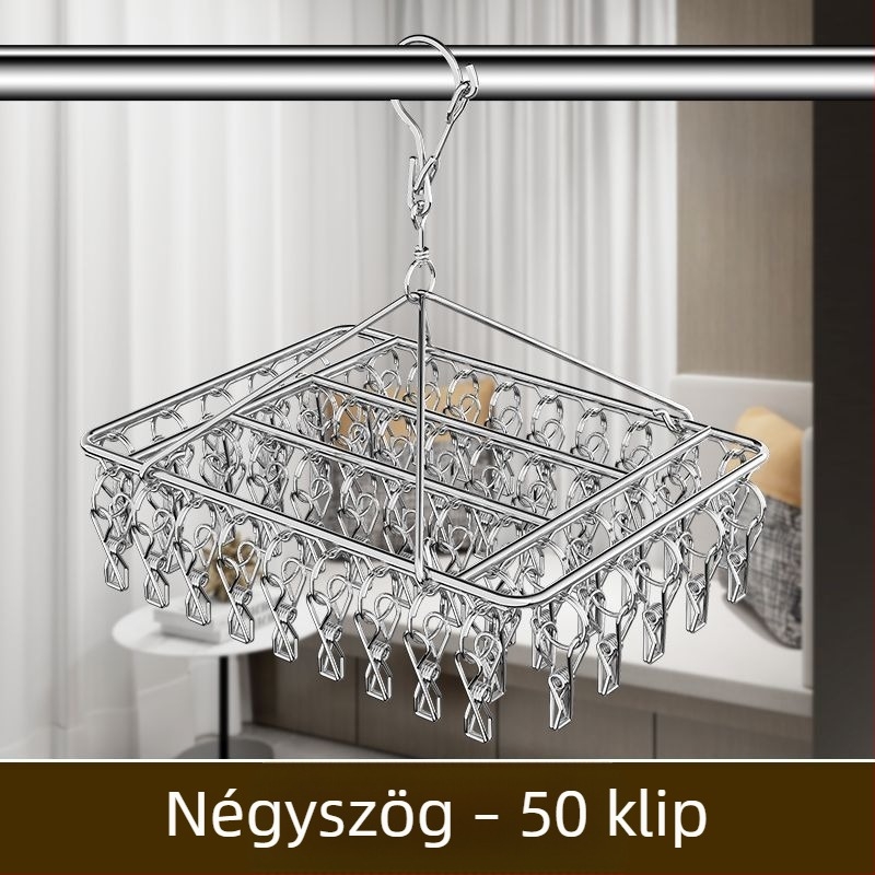 Rozsdamentes acél ruhaszárító akasztó, 3 klipekkel, több sor horoggal, modern letisztult dizájn, 5 kg teherbírás