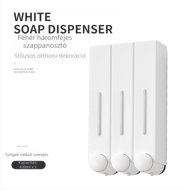 Fali szappanadagoló kézi nyomású működtetéssel, ABS anyagból, injekciós formázás, modern minimalista dizájn.