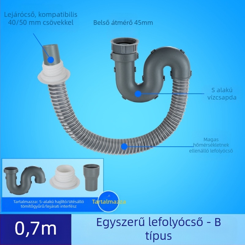 Konyhai mosogató lefolyócső hosszabbítása szagellenes tömlővel (Egymedencees mosogató; Lefolyócső hosszabbítás; Szagellenes tömlő)