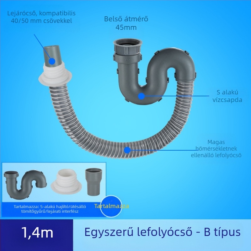 Konyhai mosogató lefolyócső hosszabbítása szagellenes tömlővel (Egymedencees mosogató; Lefolyócső hosszabbítás; Szagellenes tömlő)