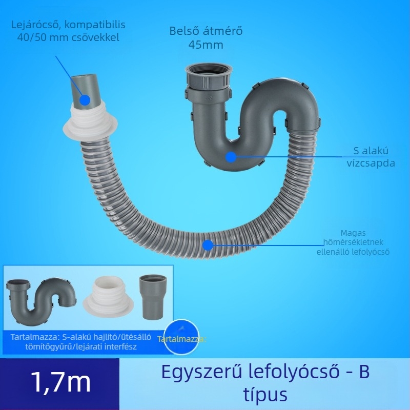 Konyhai mosogató lefolyócső hosszabbítása szagellenes tömlővel (Egymedencees mosogató; Lefolyócső hosszabbítás; Szagellenes tömlő)