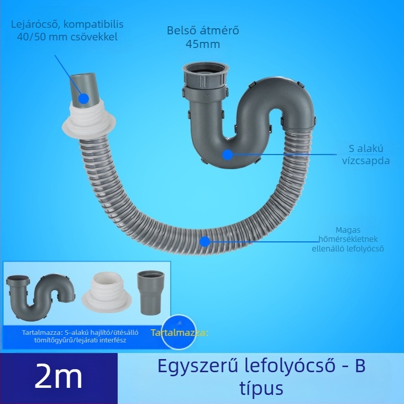 Konyhai mosogató lefolyócső hosszabbítása szagellenes tömlővel (Egymedencees mosogató; Lefolyócső hosszabbítás; Szagellenes tömlő)