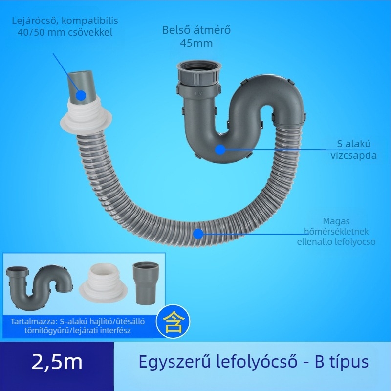 Konyhai mosogató lefolyócső hosszabbítása szagellenes tömlővel (Egymedencees mosogató; Lefolyócső hosszabbítás; Szagellenes tömlő)