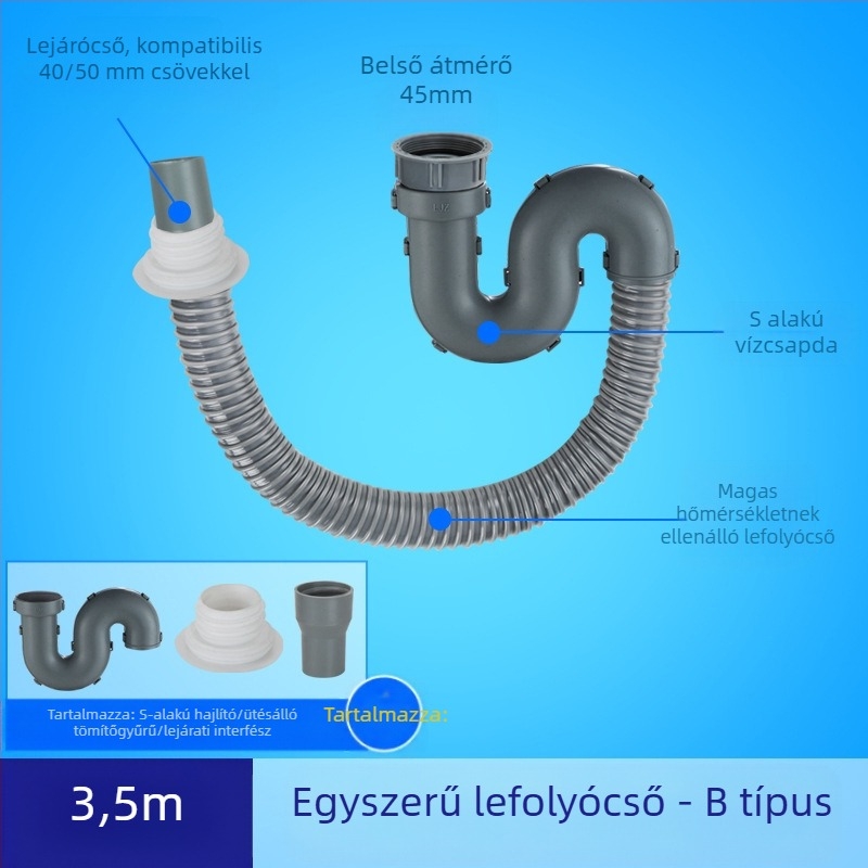 Konyhai mosogató lefolyócső hosszabbítása szagellenes tömlővel (Egymedencees mosogató; Lefolyócső hosszabbítás; Szagellenes tömlő)