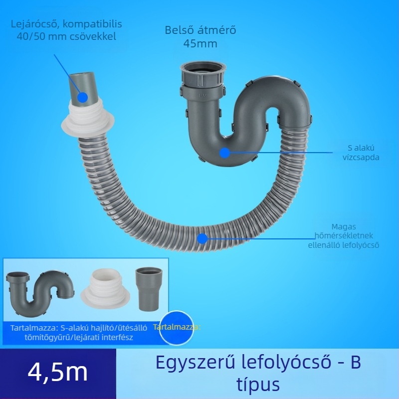 Konyhai mosogató lefolyócső hosszabbítása szagellenes tömlővel (Egymedencees mosogató; Lefolyócső hosszabbítás; Szagellenes tömlő)
