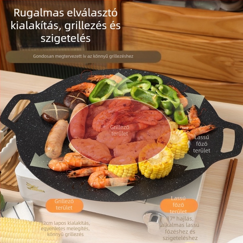 Kültéri hordozható tapadásmentes serpenyő koreai BBQ-hoz, kör alakú vas teppanyaki serpenyő kempingezéshez, bélyegzett, többfunkciós, füstmentes