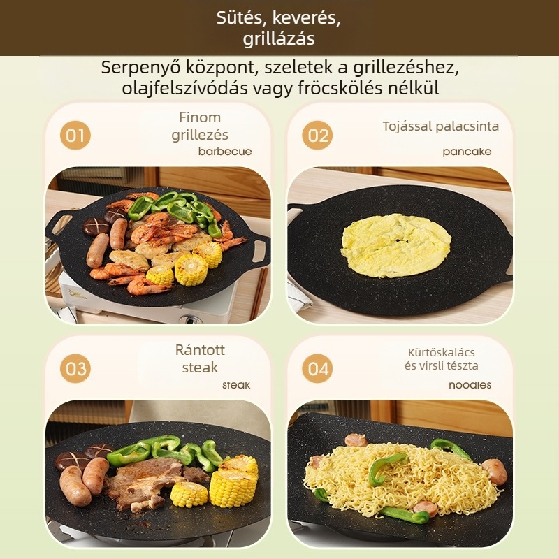 Kültéri hordozható tapadásmentes serpenyő koreai BBQ-hoz, kör alakú vas teppanyaki serpenyő kempingezéshez, bélyegzett, többfunkciós, füstmentes