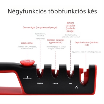 4–in–1 állítható késélező otthoni konyhára, többanyagú élező kő: ABS, wolfrám‑acél, gyémánt, kerámia, gumi