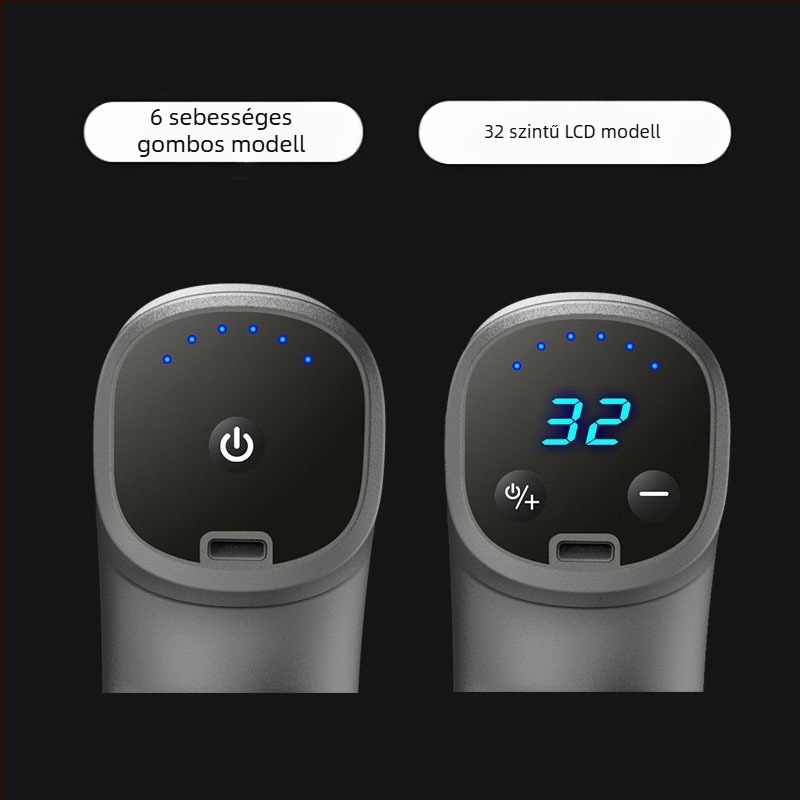 Mini fascia masszírozó brush motorral; 4 fej; beépített akkumulátor 1200–2000 mAh; LCD-kijelző 5+ sebességfokozattal; rendkívül csendes (<36 dB)