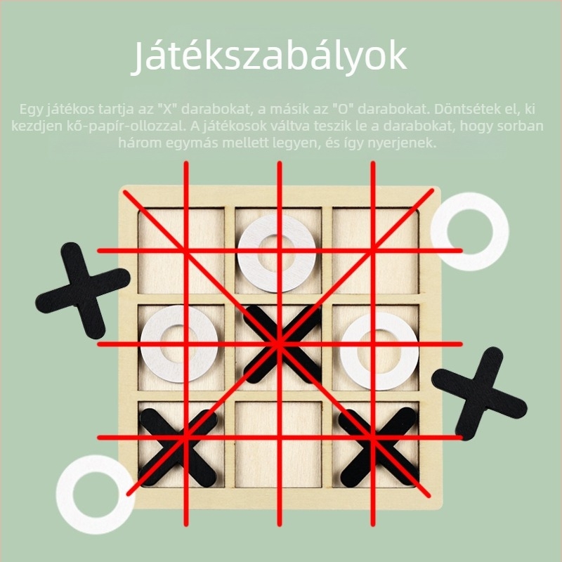Fából készült kilences négyzetes XO-tábla — közös logikai társasjáték gyermekeknek (4–14 évesek), szellemi fejlesztés és szem-kéz koordináció