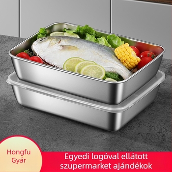 Rozsdamentes acél négyszögletes tál fedéllel – strapabíró tálaló és tároló edény, elektrolízis felület, logó nyomtatás lehetőség