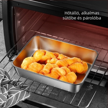 Rozsdamentes acél négyszögletes tál fedéllel – strapabíró tálaló és tároló edény, elektrolízis felület, logó nyomtatás lehetőség