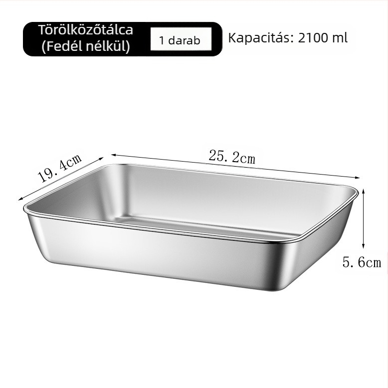 Rozsdamentes acél négyszögletes tál fedéllel – strapabíró tálaló és tároló edény, elektrolízis felület, logó nyomtatás lehetőség