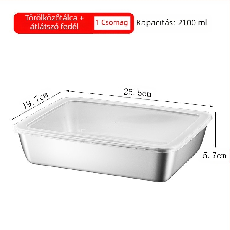 Rozsdamentes acél négyszögletes tál fedéllel – strapabíró tálaló és tároló edény, elektrolízis felület, logó nyomtatás lehetőség