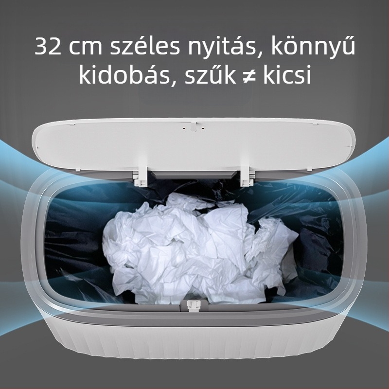 Műanyag szemetes kuka nyomógombos nyitással és pop-up fedéllel, 12 L vagy nagyobb kapacitás, hosszú hengeres forma, háztartási használatra