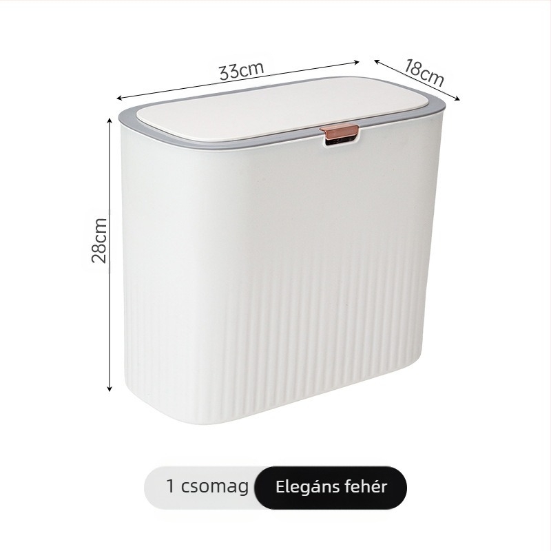 Műanyag szemetes kuka nyomógombos nyitással és pop-up fedéllel, 12 L vagy nagyobb kapacitás, hosszú hengeres forma, háztartási használatra