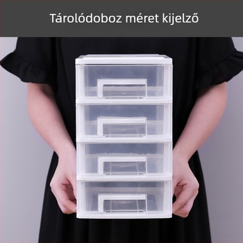 Átlátszó asztali tároló doboz fiókkal, 2–5 réteg, PP anyag, 4L kapacitás, fedett és rakható