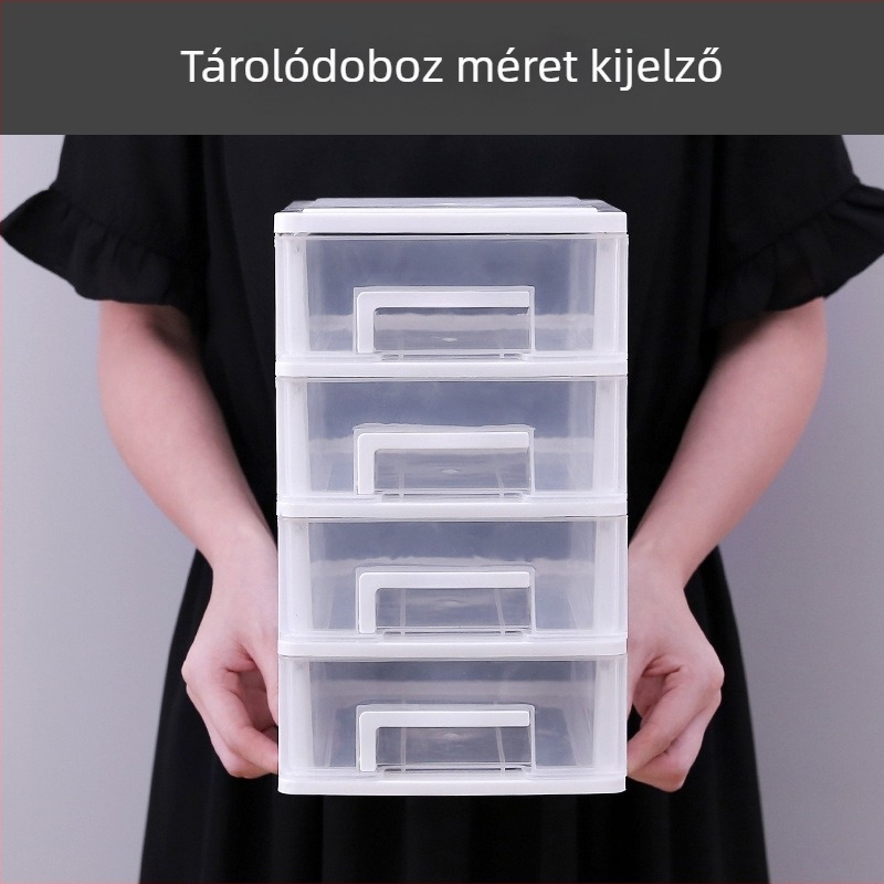 Átlátszó asztali tároló doboz fiókkal, 2–5 réteg, PP anyag, 4L kapacitás, fedett és rakható