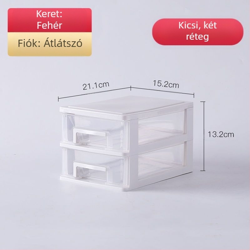 Átlátszó asztali tároló doboz fiókkal, 2–5 réteg, PP anyag, 4L kapacitás, fedett és rakható