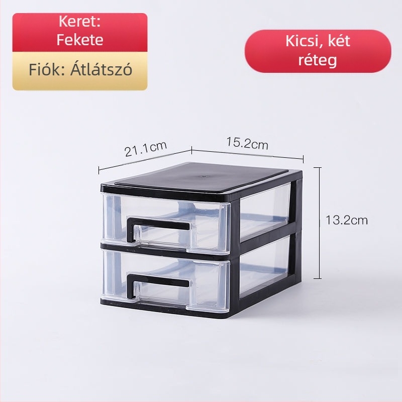 Átlátszó asztali tároló doboz fiókkal, 2–5 réteg, PP anyag, 4L kapacitás, fedett és rakható