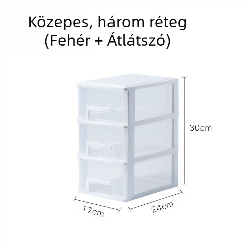 Átlátszó asztali tároló doboz fiókkal, 2–5 réteg, PP anyag, 4L kapacitás, fedett és rakható