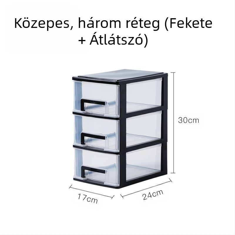 Átlátszó asztali tároló doboz fiókkal, 2–5 réteg, PP anyag, 4L kapacitás, fedett és rakható
