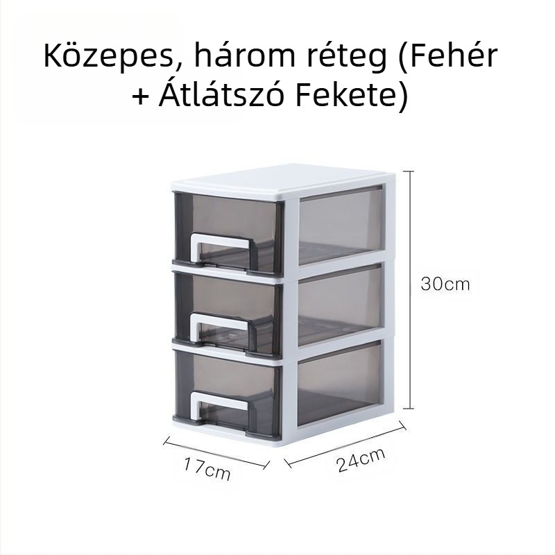 Átlátszó asztali tároló doboz fiókkal, 2–5 réteg, PP anyag, 4L kapacitás, fedett és rakható