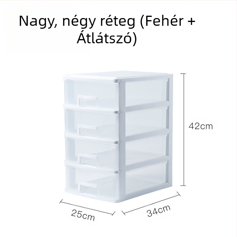 Átlátszó asztali tároló doboz fiókkal, 2–5 réteg, PP anyag, 4L kapacitás, fedett és rakható