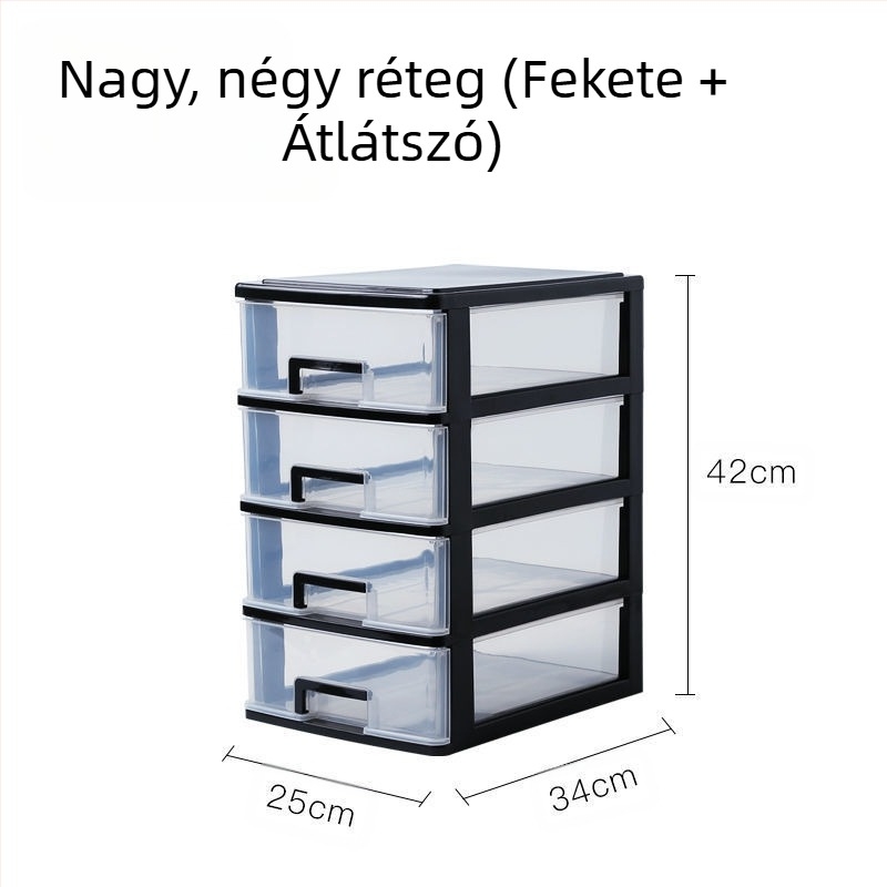 Átlátszó asztali tároló doboz fiókkal, 2–5 réteg, PP anyag, 4L kapacitás, fedett és rakható